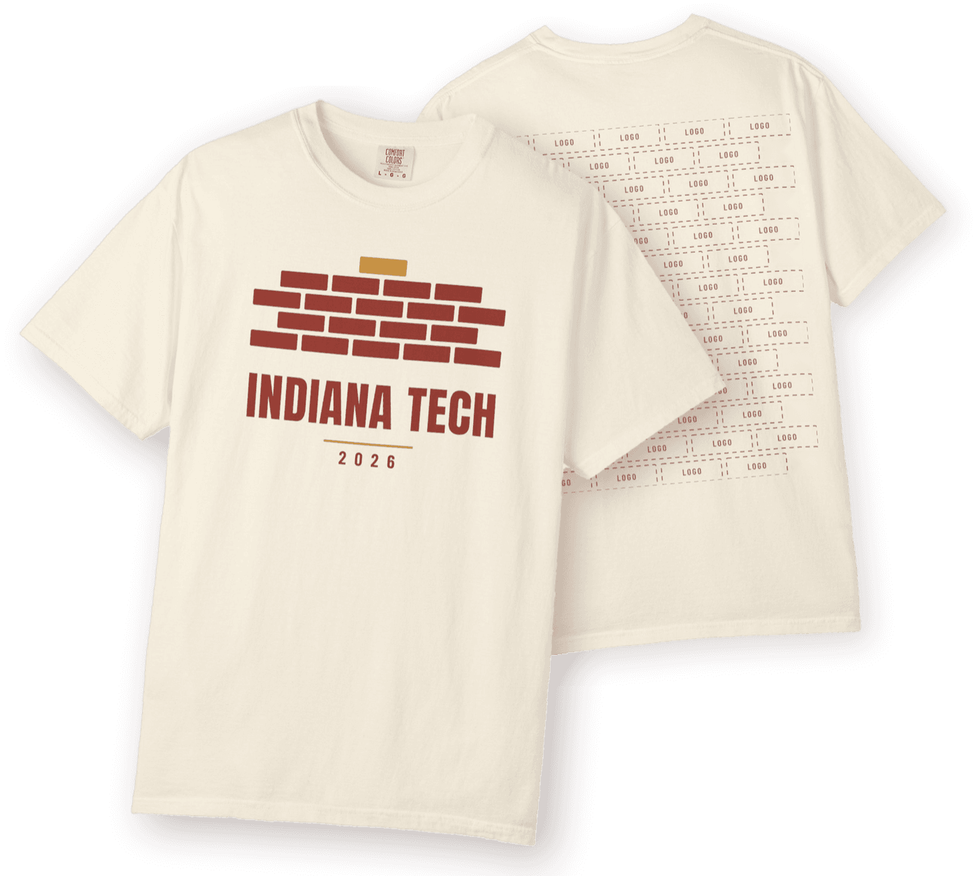 The Indiana Tech 2026 T-shirt: a brick wall on the front over INDIANA TECH 2026, and on the back a wall of bricks where every brick is a participating organization's logo.